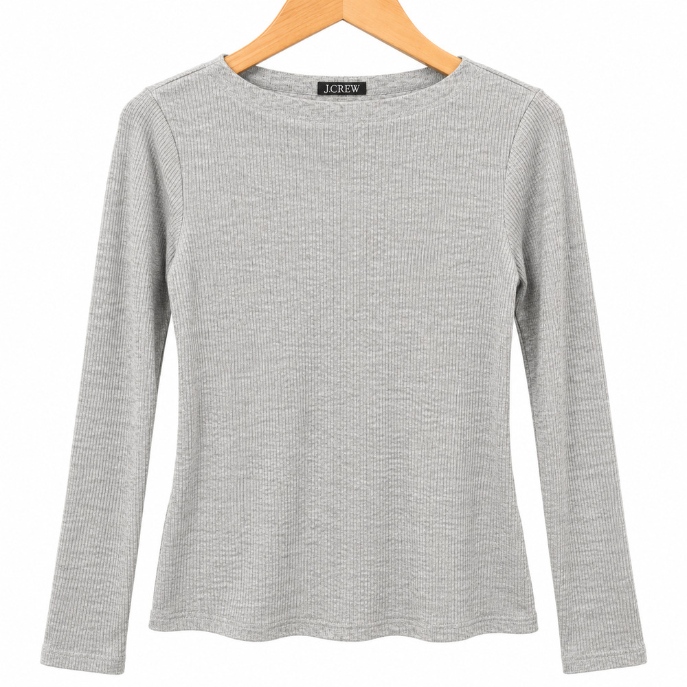 J Crew Fine Rib Boatneck Top Womens Size Large Gray Stretch Casual Classic NWT